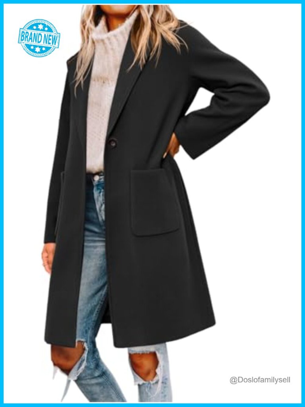 Womens Pea Coat Notched Lapel Single Breasted Long Trench Coat